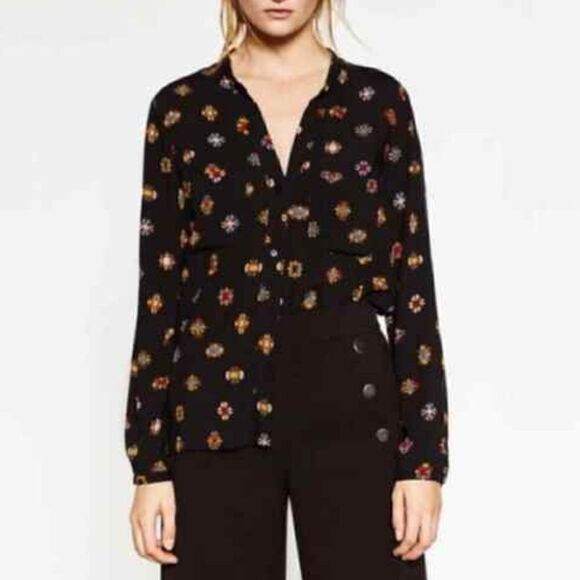 Zara Basic print, button down, High/low top size Medium - Picture 1 of 12